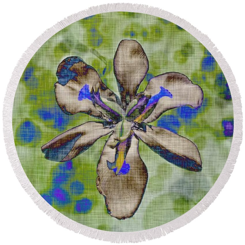 Iris Round Beach Towel featuring the photograph Funky Iris by Alison Frank