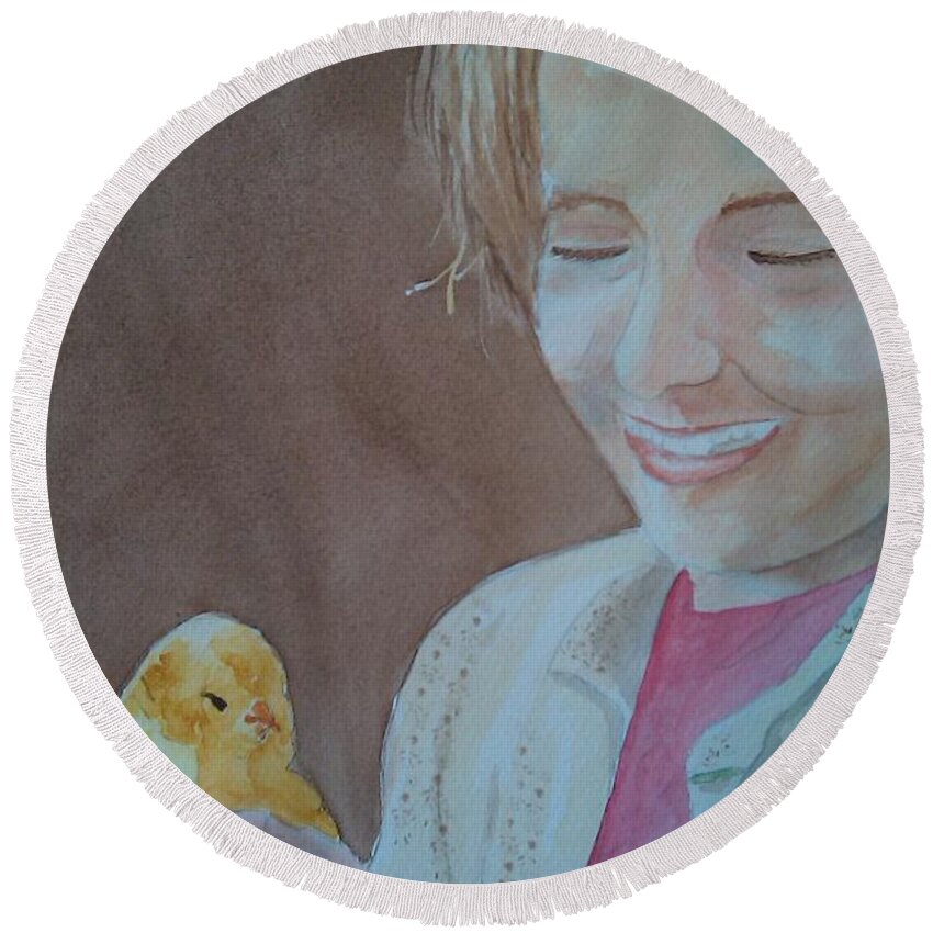 Little Girl Round Beach Towel featuring the painting Fuzzy Chick by Caryl J Bohn