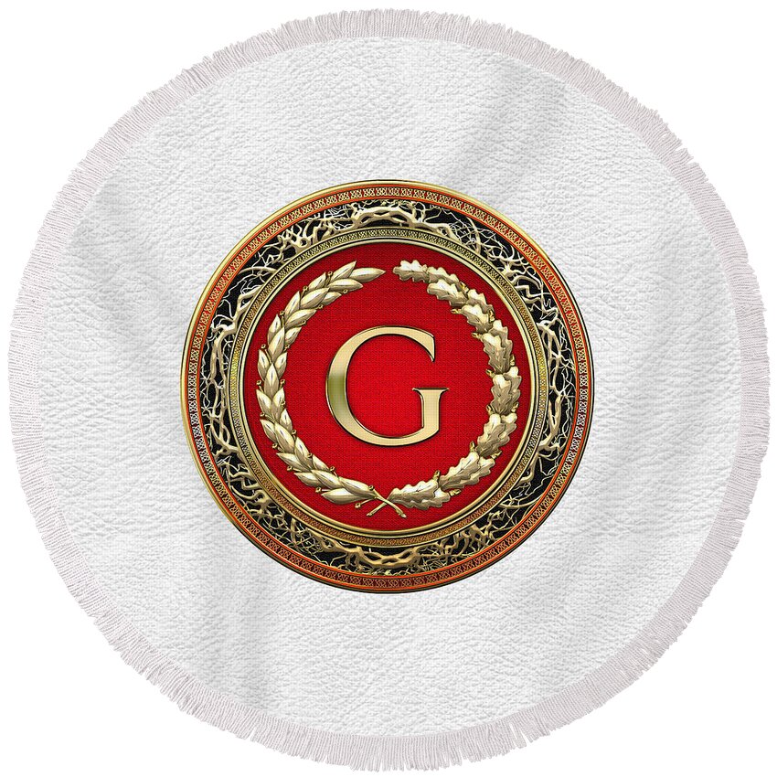'vintage Monograms 3d' Collection Serge Averbukh Round Beach Towel featuring the digital art G - Gold Vintage Monogram on White Leather by Serge Averbukh