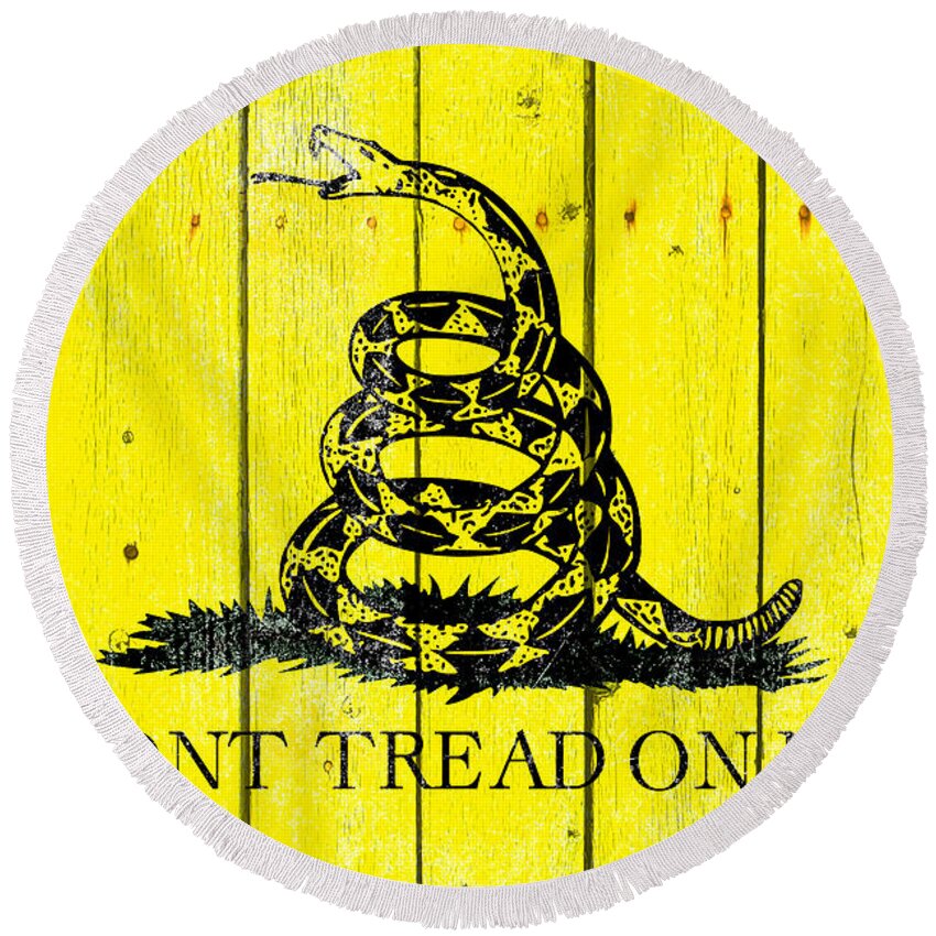 Snake Round Beach Towel featuring the digital art Gadsden Flag on Old Wood Planks by M L C