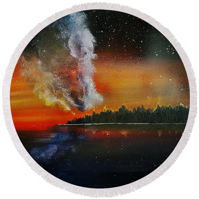 Acrylic On Canvas Round Beach Towel featuring the painting Galactic dawn by Jarek Filipowicz