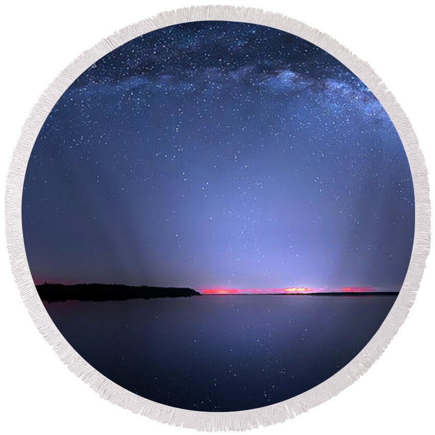 Milky Way Round Beach Towel featuring the photograph Galactic Lake by Mark Andrew Thomas