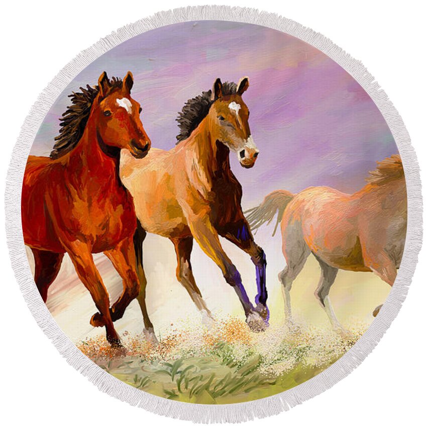 Horse Round Beach Towel featuring the painting Galloping Horses by Anthony Mwangi