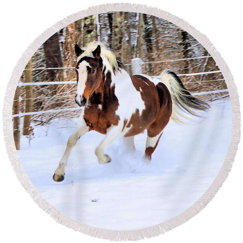 Hazel Round Beach Towel featuring the photograph Galloping in the Snow by Elizabeth Dow