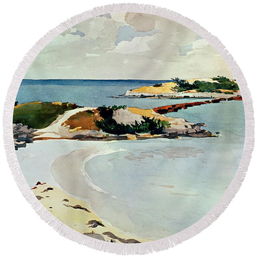 Winslow Homer Round Beach Towel featuring the drawing Gallows Island by Winslow Homer