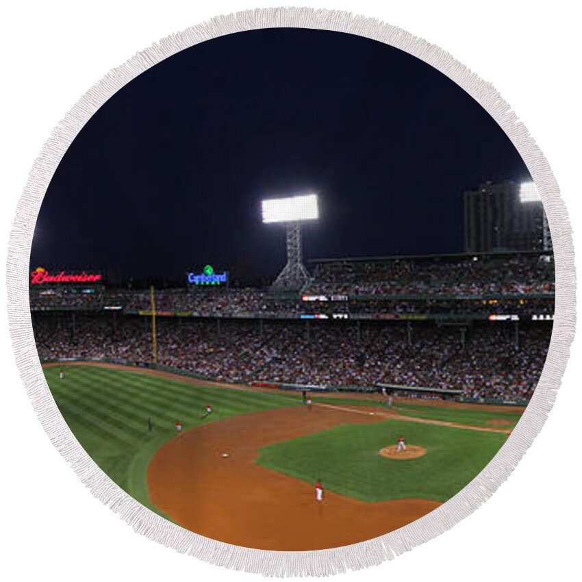 Red Sox Round Beach Towel featuring the photograph Game Night Boston Fenway Park by Juergen Roth