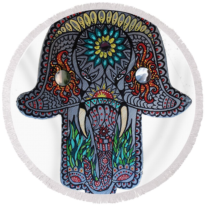 Hamsa Round Beach Towel featuring the painting Ganesha Hamsa by Patricia Arroyo