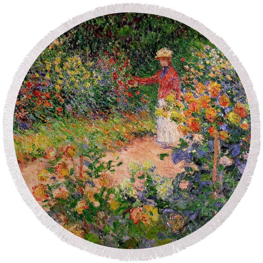 Garden At Giverny Round Beach Towel featuring the painting Garden at Giverny by Claude Monet