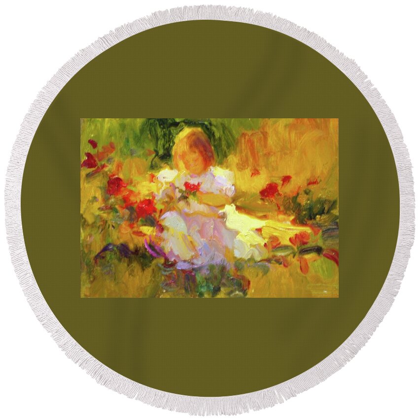#impressionistartist Round Beach Towel featuring the painting Garden Flowers by Diane Leonard