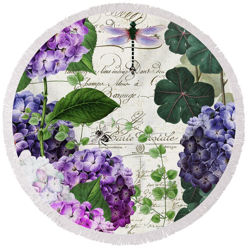 Purple Hydrangea Round Beach Towel featuring the painting Garden Glow II by Mindy Sommers