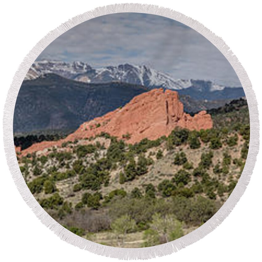 Beautiful Round Beach Towel featuring the photograph Garden of the Gods Panorama with Pike's Peak by Teresa Wilson
