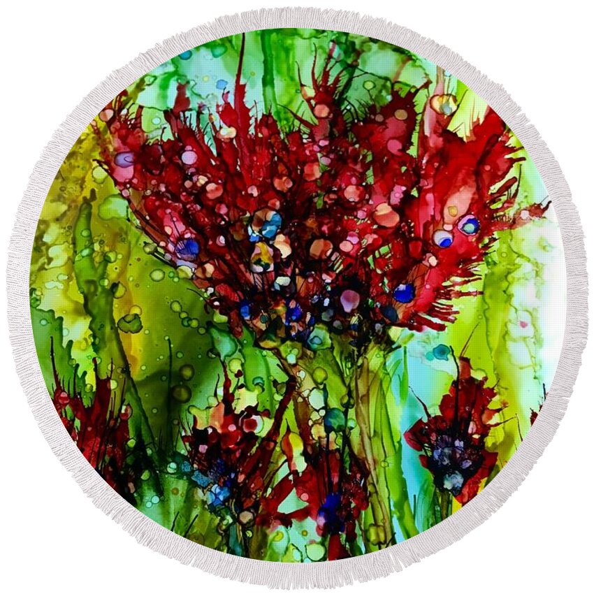 Abstract Flowers Round Beach Towel featuring the painting Garden Party in Red by Nancy Koehler