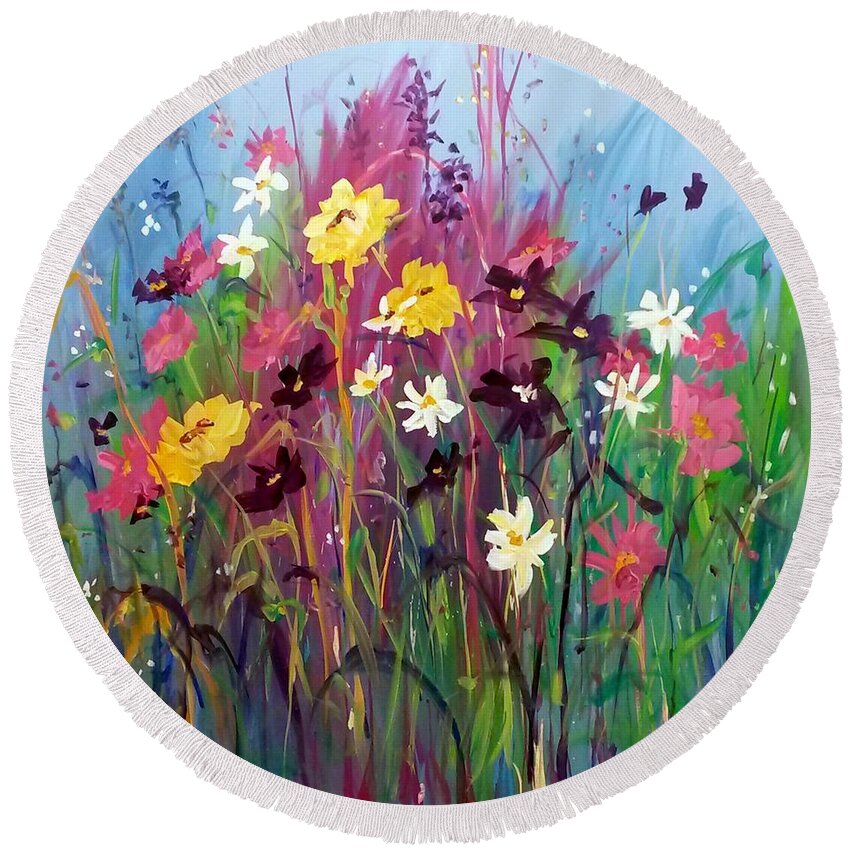 Flower Round Beach Towel featuring the painting Garden Party by Terri Einer