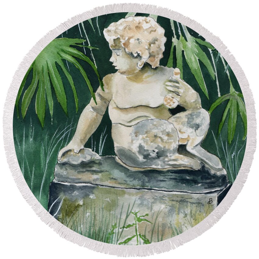 Watercolor Round Beach Towel featuring the painting Garden Satyr by Brenda Owen