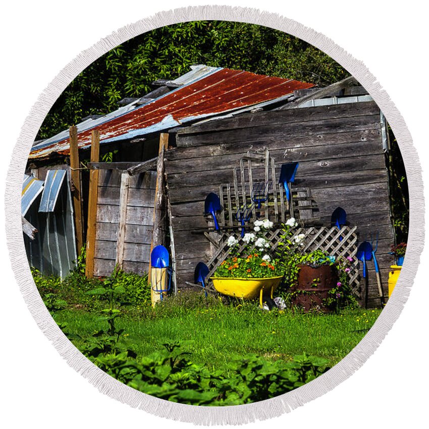 Garden Oregon Round Beach Towel featuring the photograph Garden Tool Shed by Garry Gay