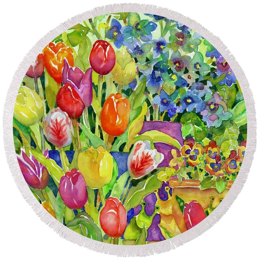 Bright Flowers Round Beach Towel featuring the painting Garden Visitors by Ann Nicholson