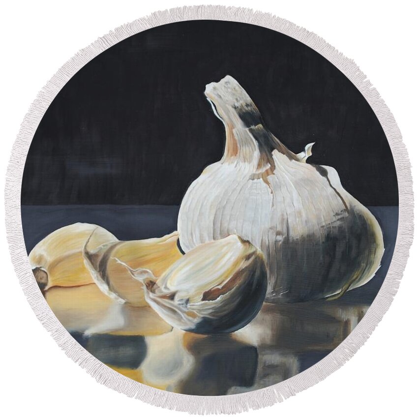 Realism Round Beach Towel featuring the painting Garlic I by Emily Page