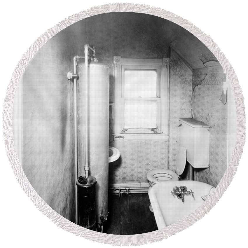 1900s Round Beach Towel featuring the photograph Gas Water Heater In Narrow Bathroom by H. Armstrong Roberts/ClassicStock