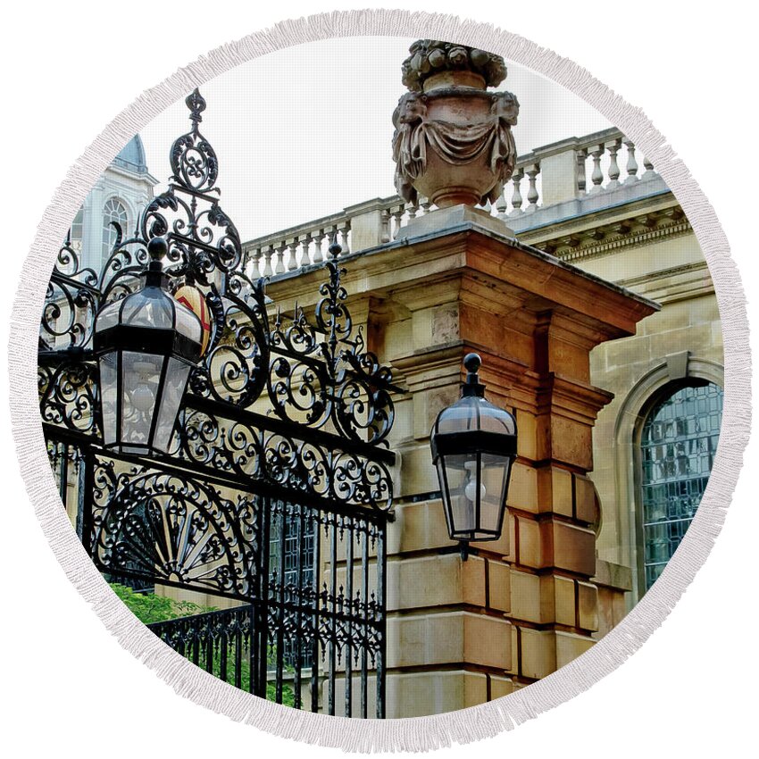 Gate Round Beach Towel featuring the photograph Gate to Clare College. Cambridge. by Elena Perelman