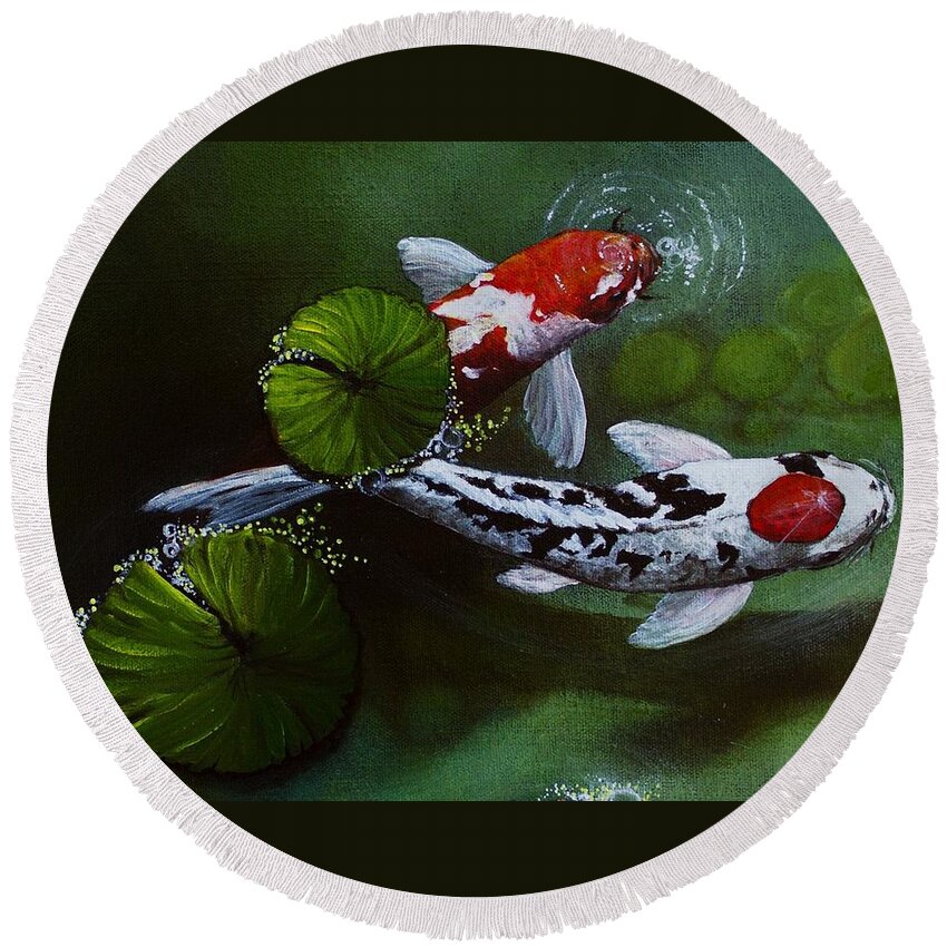 Koi Pond Round Beach Towel featuring the painting Gathering in Light #1 up close by Vivian Casey Fine Art