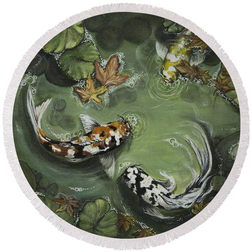 Koi Pond Round Beach Towel featuring the painting Gathering In Light, Re-make by Vivian Casey Fine Art