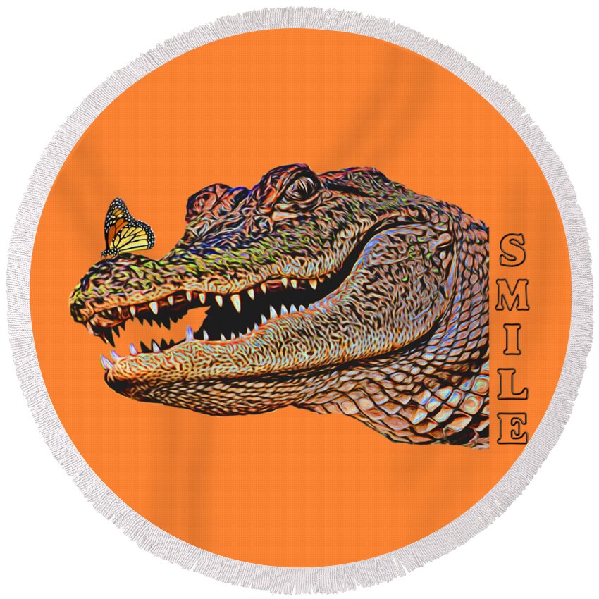 Gator Round Beach Towel featuring the photograph Gator Smile by Mitch Spence