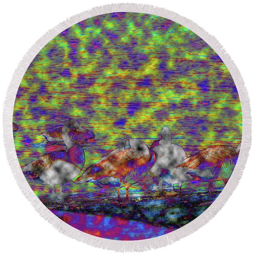 Geese Round Beach Towel featuring the digital art Geese Through the Clouds by Kimmary MacLean
