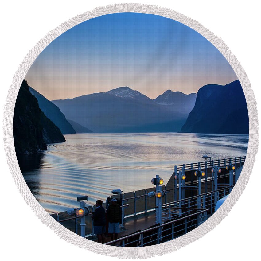 Fjord Round Beach Towel featuring the photograph Geiranger Fjord with Queen Victoria in foreground by Sheila Smart Fine Art Photography