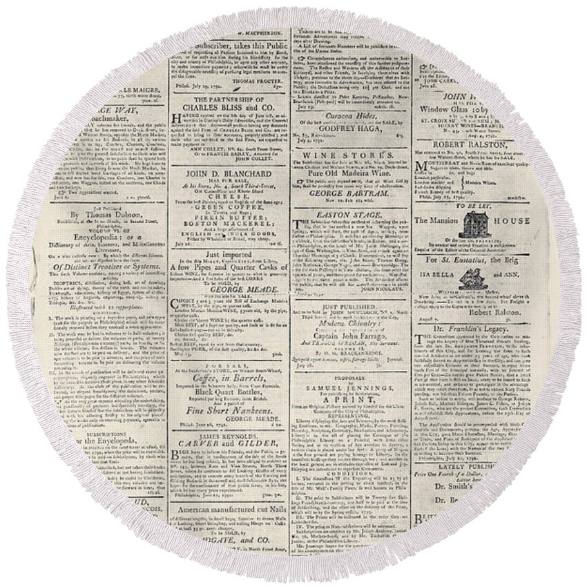 1792 Round Beach Towel featuring the photograph General Advertiser, 1792 by Granger