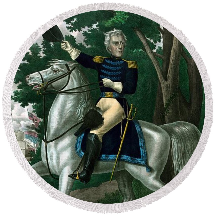 Andrew Jackson Round Beach Towel featuring the painting General Andrew Jackson On Horseback by War Is Hell Store