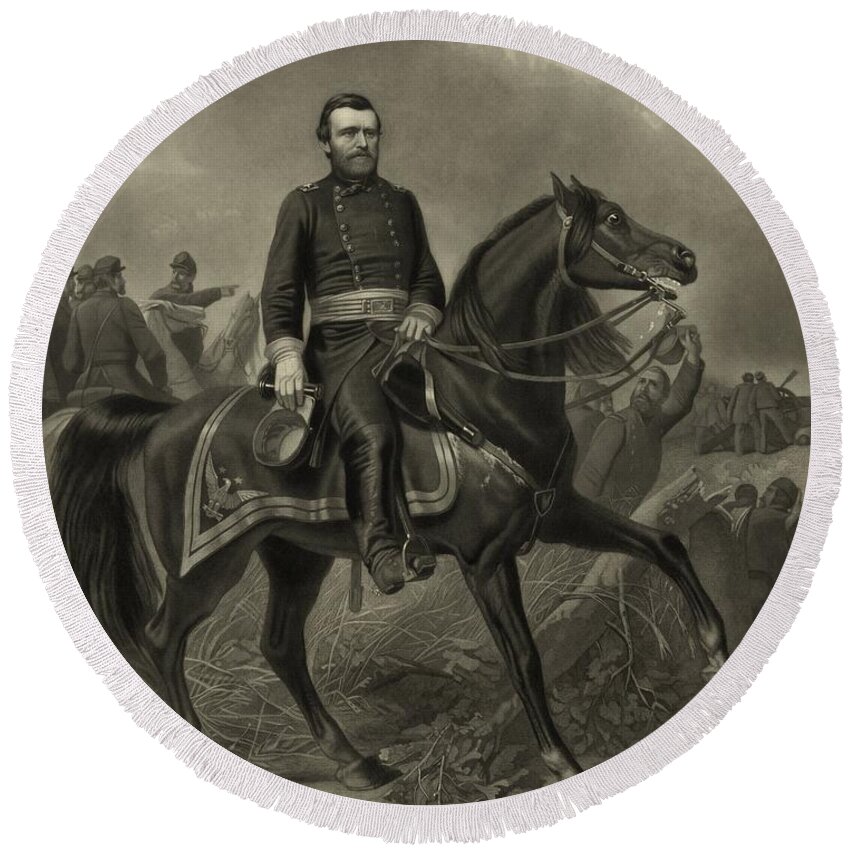 Civil War Round Beach Towel featuring the painting General Grant On Horseback by War Is Hell Store