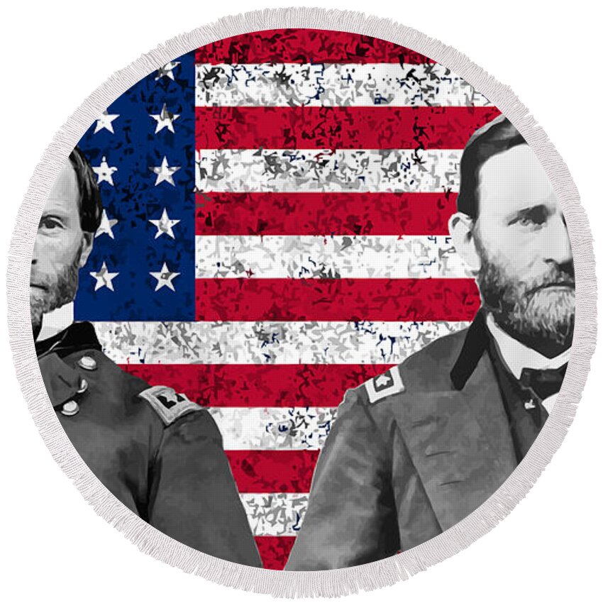 Civil War Round Beach Towel featuring the painting Generals Sherman and Grant by War Is Hell Store