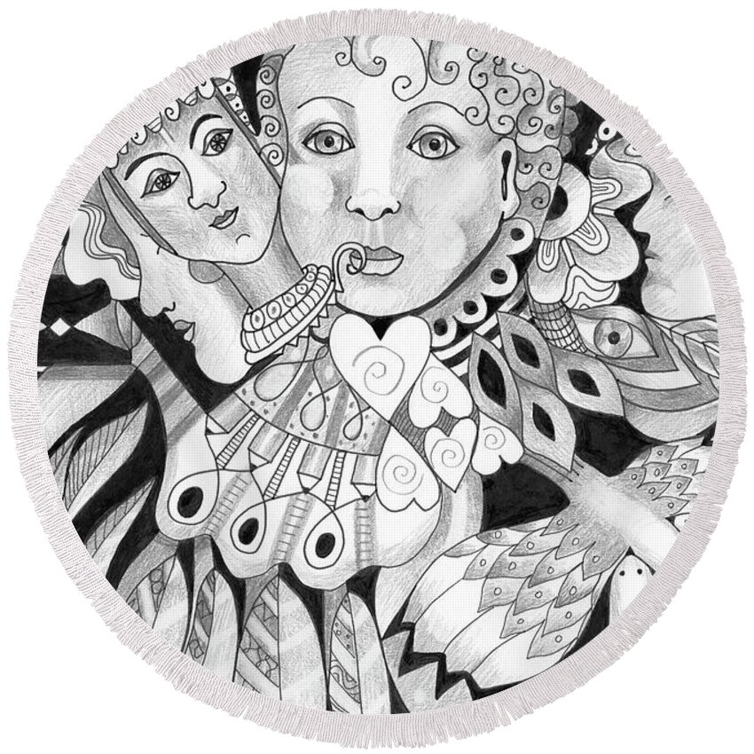 Dual Nature Round Beach Towel featuring the drawing Gentle And Savage by Helena Tiainen