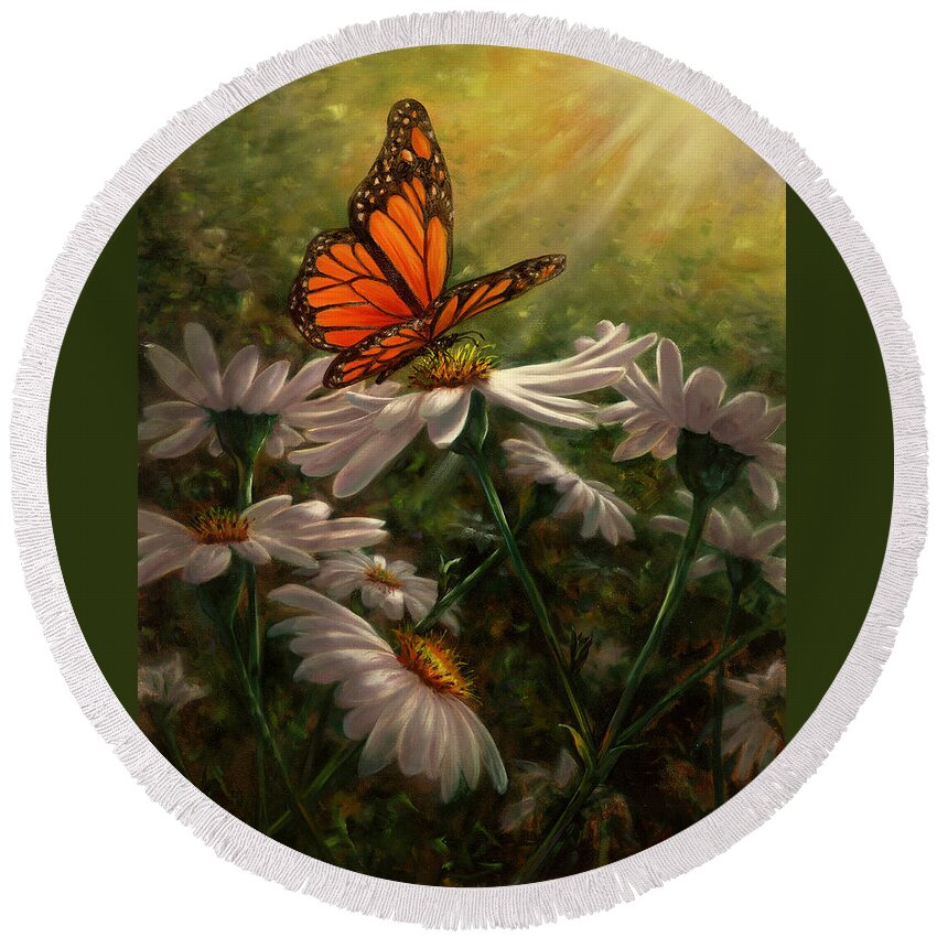 Monarch Butterfly Round Beach Towel featuring the painting Gentle Landing by Lynne Pittard