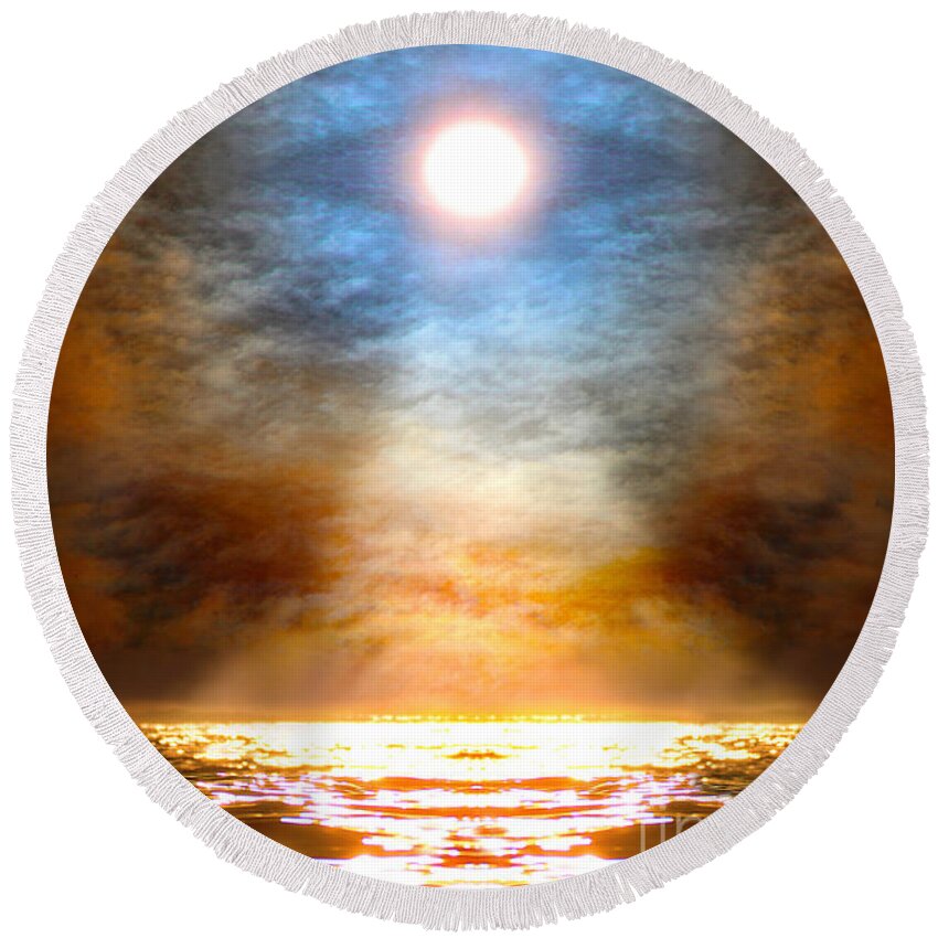 Sacred Art Round Beach Towel featuring the painting Gentle Mantra om Light GLOWING into the Sea by Wernher Krutein