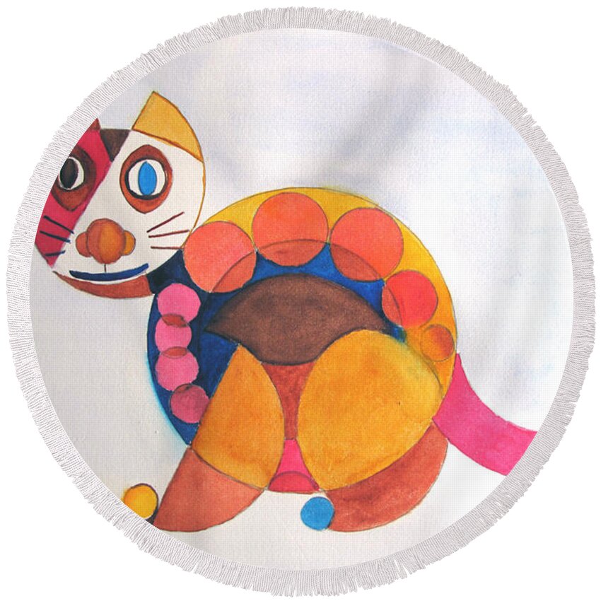 Cat Round Beach Towel featuring the painting Geometric Cat by Sandy McIntire