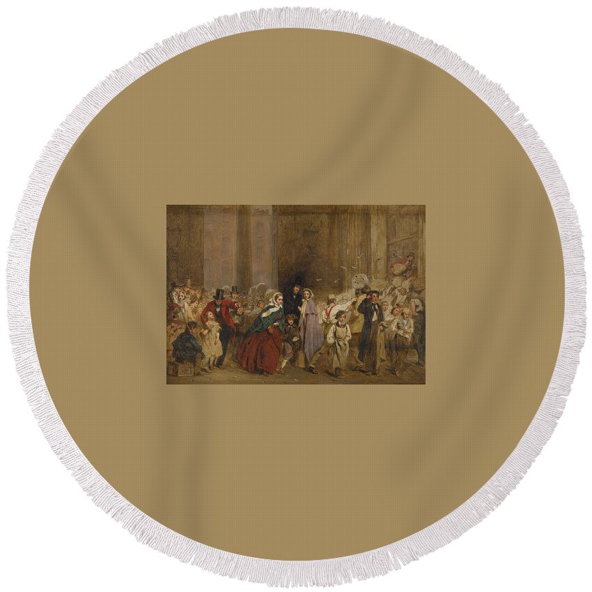 Man Round Beach Towel featuring the painting George Elgar Hicks  Sketch of The General Post Office One Minute To Six 1860 by George Elgar Hicks
