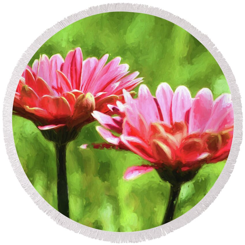 Gerbera Daisies Round Beach Towel featuring the mixed media Gerbera Daisies To Brighten Your Day by Sandi OReilly