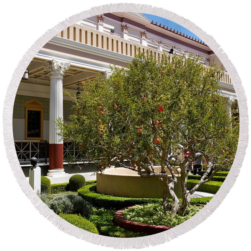 Getty Villa Round Beach Towel featuring the photograph Getty Villa Museum Pomegranate Tree by Michele Myers