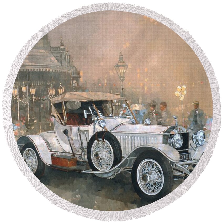 Seaside; Evening; Promenade; Car; Automobile; Rolls Royce; Vintage; Bandstand; Classic Cars; Vintage Cars; Nostalgia; Resort; Old Timer ; Scarborough Round Beach Towel featuring the painting Ghost in Scarborough by Peter Miller