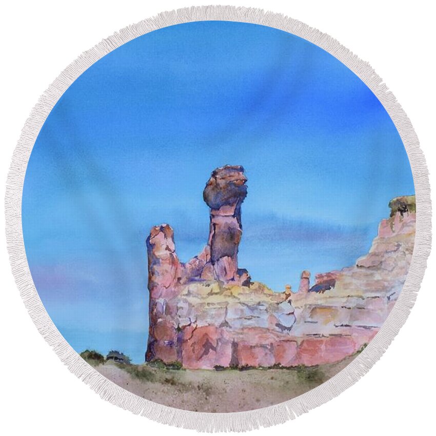 Ghost Ranch Round Beach Towel featuring the painting Ghost Ranch Vista by Celene Terry