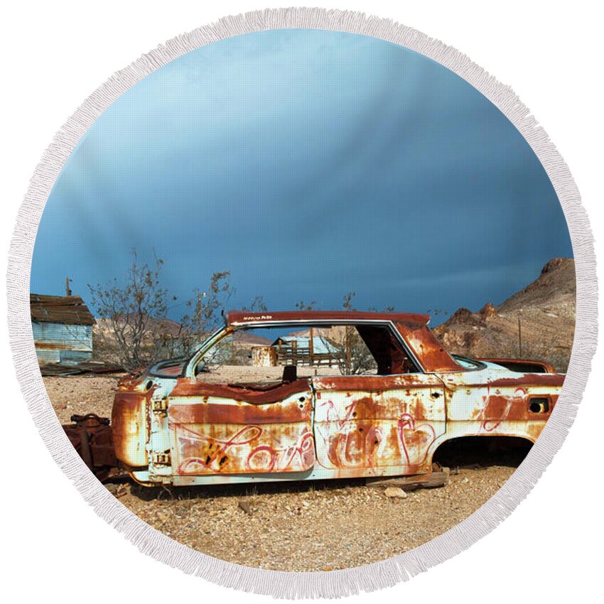Ghost Town Round Beach Towel featuring the photograph Ghost Town Old Car by Catherine Lau