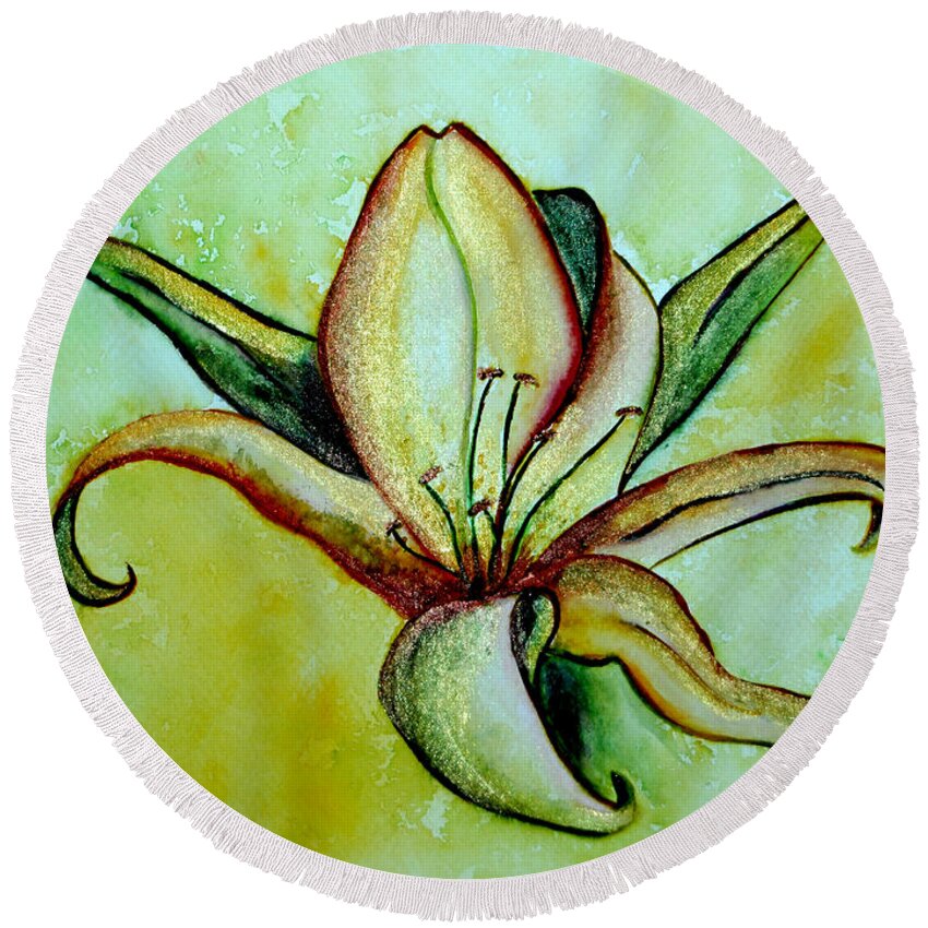 Floral Round Beach Towel featuring the painting Gilded Lily by Donna Blackhall