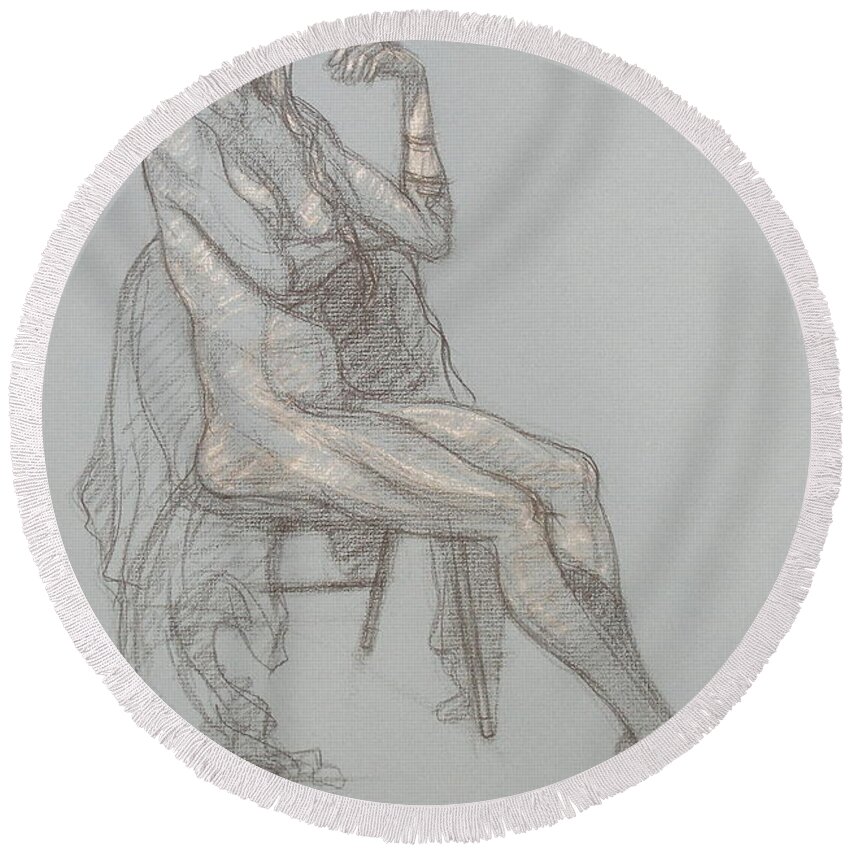 Realism Round Beach Towel featuring the drawing Gina Seated 1 by Donelli DiMaria