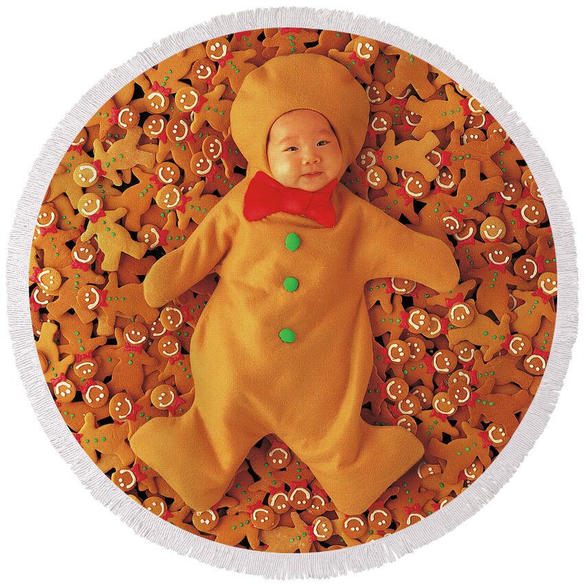 Holiday Round Beach Towel featuring the photograph Gingerbread Baby by Anne Geddes