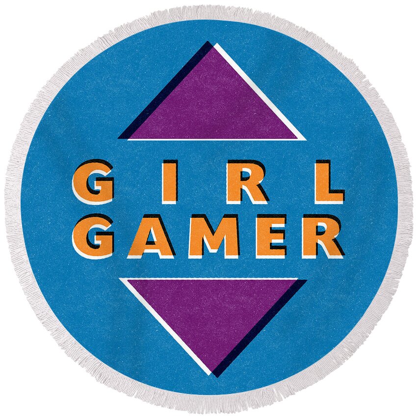Girl Gamer Round Beach Towel featuring the mixed media Girl Gamer by Linda Woods