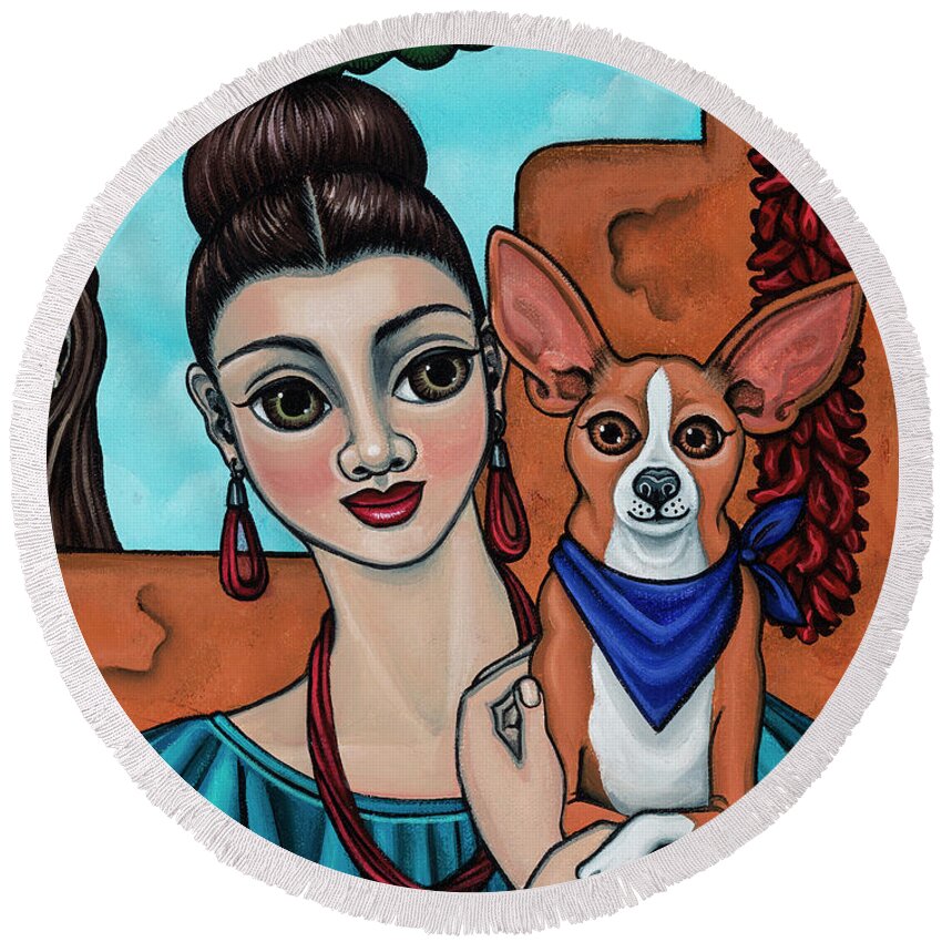 Chihuahua Art Round Beach Towel featuring the painting Girl Holding Chihuahua Art Dog Painting by Victoria De Almeida