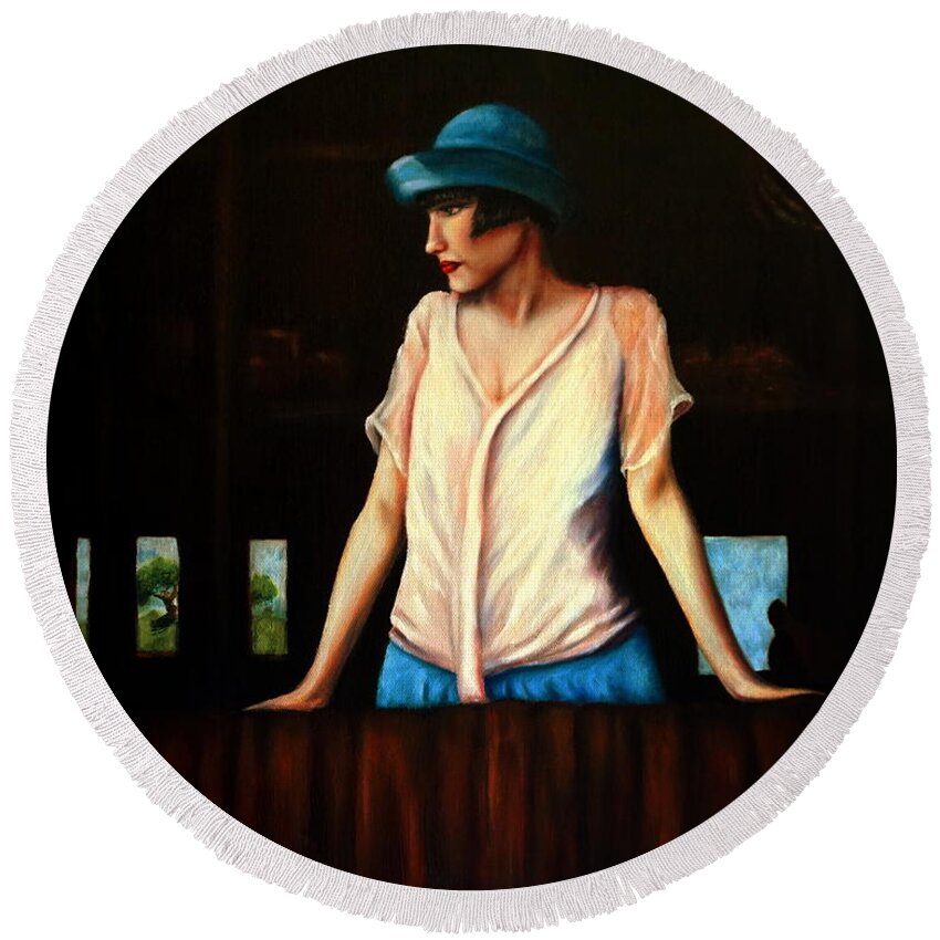 Adult Round Beach Towel featuring the painting Girl In A Barn by Georgia Doyle
