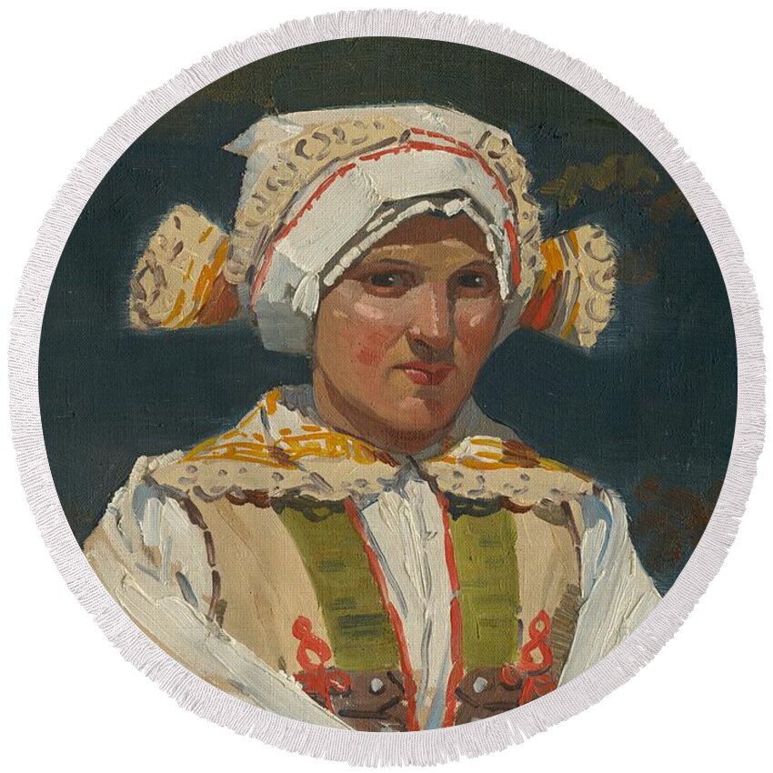 Folklore Theme Round Beach Towel featuring the painting Girl in costume, Antos Frolka, 1910 by Vincent Monozlay