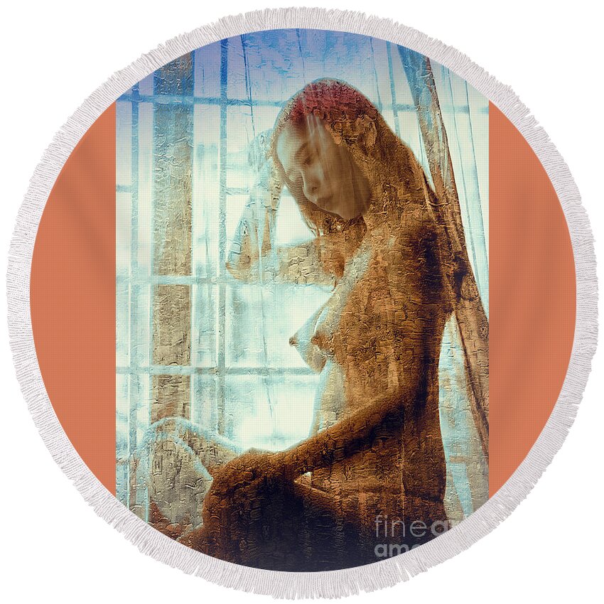 Women Round Beach Towel featuring the digital art Girl in The Window by Ian Gledhill